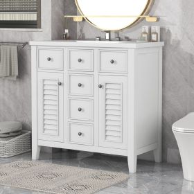 36" Bathroom Vanity with Ceramic Basin, Two Cabinets and Five Drawers, Solid Wood Frame