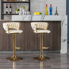 Set of 2 Bar Stools,with Chrome Footrest and Base Swivel Height Adjustable Mechanical Lifting Velvet + Golden Leg Simple Bar Stool-Cream