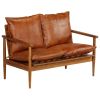 2-Seater Sofa Real Leather with Acacia Wood Brown