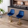 Set of 2 Bar Stools,with Chrome Footrest and Base Swivel Height Adjustable Mechanical Lifting Velvet + Golden Leg Simple Bar Stool-blue