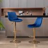 Set of 2 Bar Stools,with Chrome Footrest and Base Swivel Height Adjustable Mechanical Lifting Velvet + Golden Leg Simple Bar Stool-blue