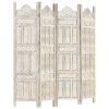 Hand carved 4-Panel Room Divider White 63"x65" Solid Mango Wood