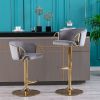 Set of 2 Bar Stools,with Chrome Footrest and Base Swivel Height Adjustable Mechanical Lifting Velvet + Golden Leg Simple Bar Stool-Grey