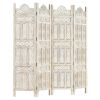 Hand carved 4-Panel Room Divider White 63"x65" Solid Mango Wood