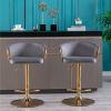 Set of 2 Bar Stools,with Chrome Footrest and Base Swivel Height Adjustable Mechanical Lifting Velvet + Golden Leg Simple Bar Stool-Grey