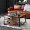 Vintage Square Wood Coffee Table with Storage, Metal Frame