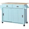 Kitchen Cart with Rubber wood Drop-Leaf Countertop, Concealed sliding barn door adjustable height,Kitchen Island on 4 Wheels with Storage Cabinet and