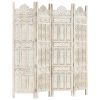 Hand carved 4-Panel Room Divider White 63"x65" Solid Mango Wood