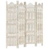 Hand carved 4-Panel Room Divider White 63"x65" Solid Mango Wood