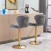 Set of 2 Bar Stools,with Chrome Footrest and Base Swivel Height Adjustable Mechanical Lifting Velvet + Golden Leg Simple Bar Stool-gray