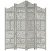 Hand carved 4-Panel Room Divider Gray 63"x65" Solid Mango Wood