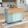 Kitchen Cart with Rubber wood Drop-Leaf Countertop, Concealed sliding barn door adjustable height,Kitchen Island on 4 Wheels with Storage Cabinet and