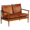 2-Seater Sofa Real Leather with Acacia Wood Brown