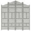 Hand carved 4-Panel Room Divider Gray 63"x65" Solid Mango Wood