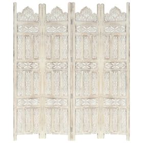 Hand carved 4-Panel Room Divider White 63"x65" Solid Mango Wood