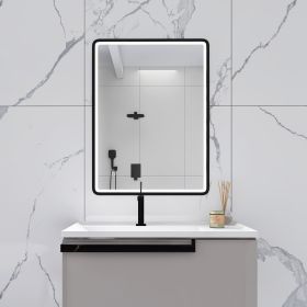 32 x 24 in. Rectangular Black Framed Wall-Mount Anti-Fog LED Light Bathroom Vanity Mirror (Color: as Pic)