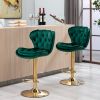 Set of 2 Bar Stools,with Chrome Footrest and Base Swivel Height Adjustable Mechanical Lifting Velvet + Golden Leg Simple Bar Stool-Green