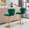 Set of 2 Bar Stools,with Chrome Footrest and Base Swivel Height Adjustable Mechanical Lifting Velvet + Golden Leg Simple Bar Stool-Green