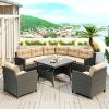 6-Piece Outdoor Wicker Sofa Set, Patio Rattan Dinning Set, Sectional Sofa with Thick Cushions and Pillows, Plywood Table Top, For Garden, Yard, Deck.